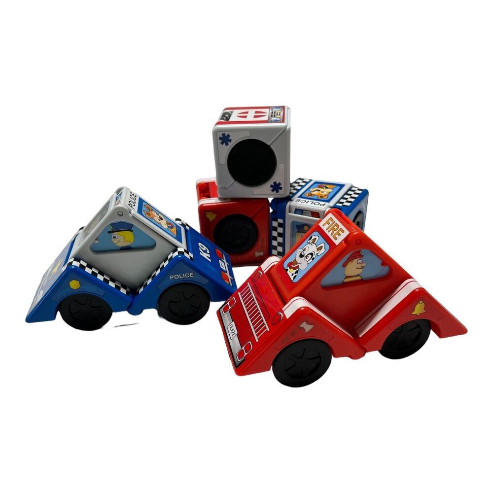 5 Fat Brain Toys Vroom Blox Transforming Cube Blocks Vehicle Police Firetruck